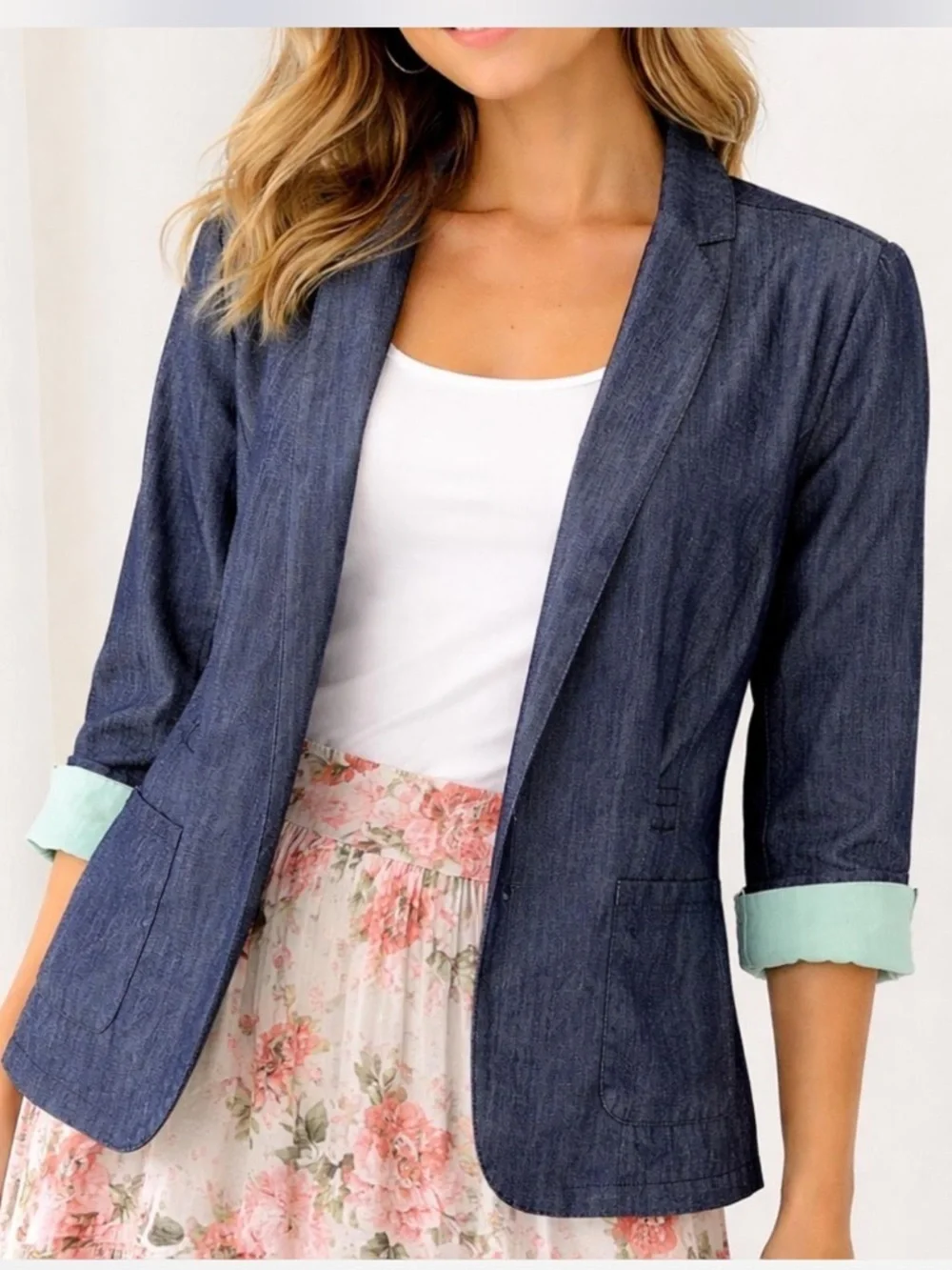 Christopher & Banks Navy Denim Blazer with Mint Cuffs